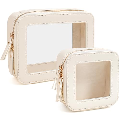 Travel Clear Makeup Bag Set, TSA Approved Cosmetic Bag Case with Zipper Portable Makeup Pouch Toiletry Bag Traveling Cosmetic Organizer Storage Bag Car Organizer Car Essentials - color: Mini+Large Beige