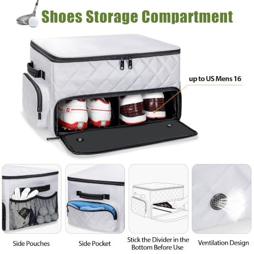 PGmoon 2 Layer Golf Trunk Organizer, Golf Car Storage Organizer with Individual Ventilated Compartment for 2 Pairs Shoes, Golf Car Locker for Balls, Clothes, Tees, Gloves, Accessories (White) - color: White