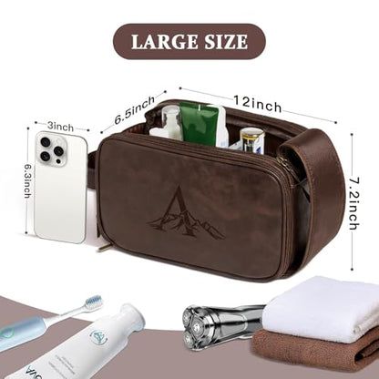 Janhavi Personalized Toiletry Bag for Men, Beach Vacation Travel Essentials, Waterproof Toiletry Bag with Hook, Laser Engraved Initials & Mountain, Shower Bag Birthday Gifts For Him (Dark Brown B) - color: Dark Brown, style: B