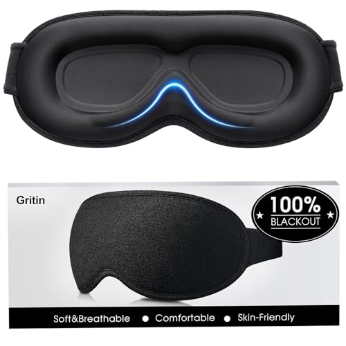 Gritin 100% Blackout Sleep Eye Mask for Women Men, Zero Pressure Sleeping Mask - Ergonomic Design 3D Cutout Eye Movement and Eyelash Friendly Night Blindfold, Ultra Soft Comfortable for Sleeping - color: Black