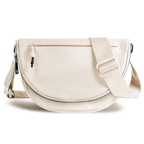 Crescent Bag for Women and Men, Fashion Medium Nylon Folding Crescent Moon Bag Single Shoulder Bag with Adjustable Strap - color: beige