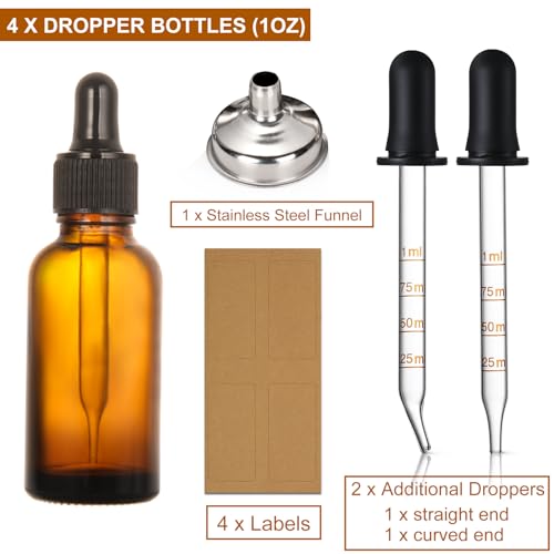 4 Pack, 1 oz Amber Glass Dropper Bottles Plus 2pcs Graduated Calibrated Glass Pipettes (1ml)- 30ml Dark Brown Tincture Bottles with Eye Droppers for Essential Oils, Liquids - Leakproof Travel Bottle - style: Plus 2 Graduated Pipettes