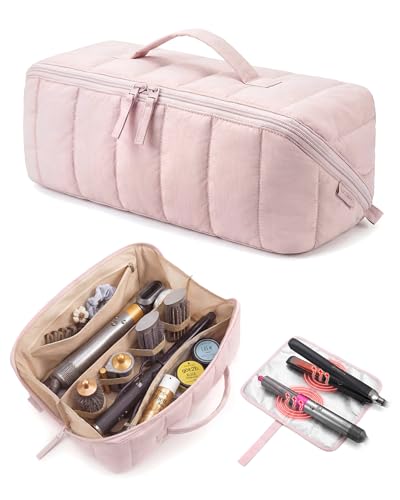 BAGSMART Hair Tool Organizer Travel Bag Compatible with Dyson Airwrap, Shark Hair Dryer, Wide-open Accessories Organizer with Heat Resistant Mat, Makeup Bag for Dyson Attachments, Curling Iron, Pink - color: Baby Pink