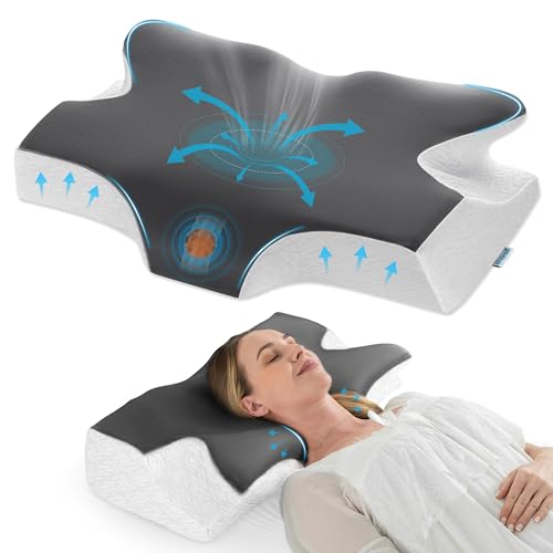 Elviros Cervical Neck Pillow for Sleeping, Memory Foam Pillow for Neck Pain Relief, Side Sleeper Cooling Pillows for Adults, Neck Support with Removable Pillowcase for Back & Stomach Sleepers - color: Dark Gray, size: Queen Size 26Lx16.5Wx(4.3"-5")H
