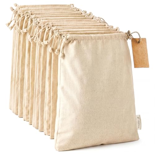 LEAFICO Organic Cotton Produce Bags - Medium 8x10 Inch (12 Bags) - Reusable Muslin Storage Bags with Drawstrings - Biodegradable Canvas Fabric - Perfect for Snacks, Clothes - size: Medium 8x10"