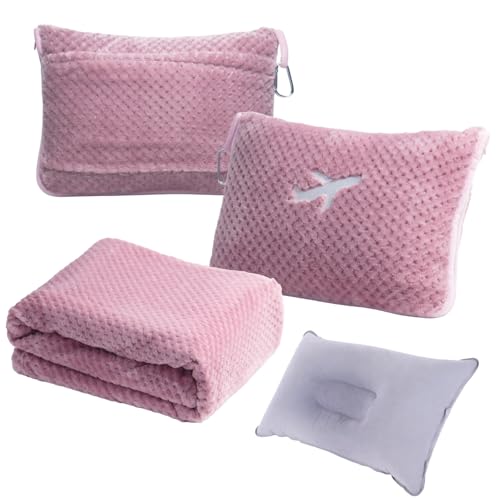 3 in 1 Travel Blanket Pillow Set - 350 GSM Thick Travel Blanket Airplane Compact with Bag, Soft Bag with a Pocket, Inflatable Travel Pillow for Camping & Car Trip (Blush Pink) - color: Blush Pink