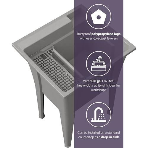 24” Utility Sinks for Laundry Room, Garage, Garden, Basement – Noah William Home Indoor and Outdoor Polypropylene Basement Wash Tub - No Faucet Included (Grey) - color: Gray, size: 24" - 19.5 gal