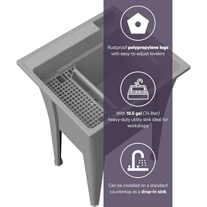 Freestanding Utility Sink with Two Handle Chrome Faucet - 24" Plastic Utility Sink for Garage, Laundry, Indoor and Oudoor Use - Laundry Tub Kit by Noah William Home - Grey (19.5 gal) - color: Grey - Two handle chrome faucet