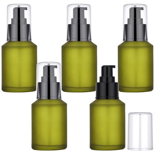 Segbeauty 2oz Frosted Glass Travel Lotion Container Refillable, 5pcs Small Travel Containers for Creams, 60ml Mini Empty Lotion Bottles with Pump Dispenser, Cosmetic Containers Bottle for Oils Creams - color: Green, style: 5pcs 2oz