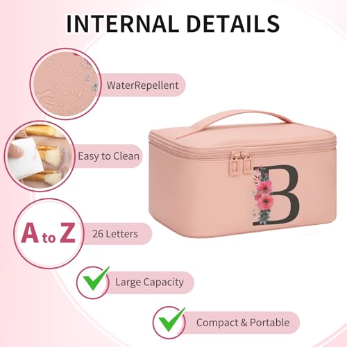 OCHEAL Initial Makeup Bag,Monogram Make up Bag Pink Travel Makeup Organizer Case Beauty Toiletry Cosmetic Bag with Brush Holder, Trendy Stuff Personalized Gifts for Women and Girls-B - color: Pink, style: B