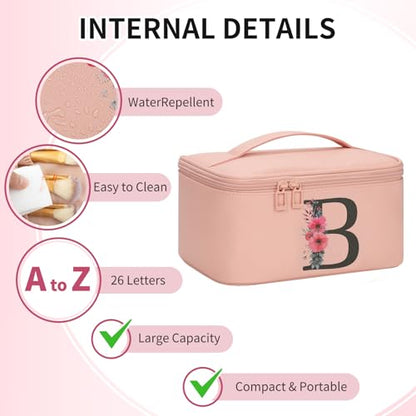 OCHEAL Initial Makeup Bag,Monogram Make up Bag Pink Travel Makeup Organizer Case Beauty Toiletry Cosmetic Bag with Brush Holder, Trendy Stuff Personalized Gifts for Women and Girls-B - color: Pink, style: B