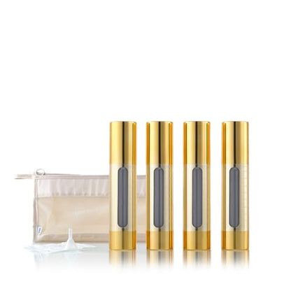 Gold, 50ml empty cosmetic pump bottle with travel bag, refillable, vacuum pump bottle for lotion, toner, foundation make-up, hair oil, hand sanitizer and other liquids, 7 pieces (1.7 oz/50ml) - size: 50 ML