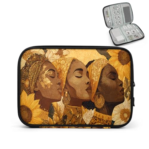 Cable Organizer Sunflowers African Women Electronics Travel Organizer Case Tech Accessories Pouch Waterproof Cord Storage Bag for Power Bank Charger Phone Earphone - color: Gold
