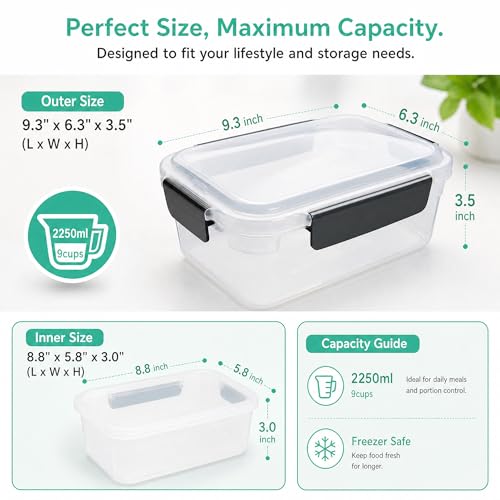 YORY 9 cup Plastic Food Storage Containers with Lids Nestable Freezer Dishwasher Safe Rectangle Meal Prep Container Set,5-Pack - size: 9 cups