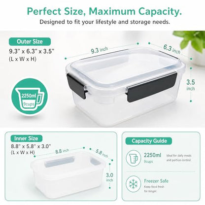 YORY 9 cup Plastic Food Storage Containers with Lids Nestable Freezer Dishwasher Safe Rectangle Meal Prep Container Set,5-Pack - size: 9 cups