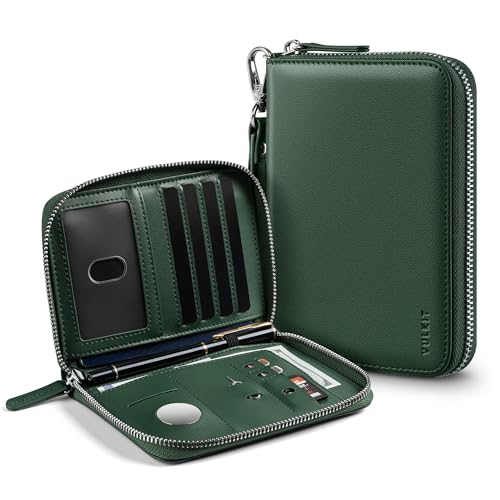 VULKIT Passport Holder for Travel with Airtag Slot, Premium Nappa Leather, RFID Blocking, Zipper Closure with Wrist Strap, Travel Document Organizer - color: Nappa Olive