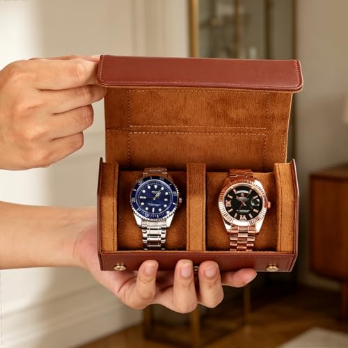 Leather Watch Roll for 2 Watches - Velvet-Lined Travel Case, Luxury Watch Rolls Organizer with Storage & Display for Men (2 Slot-Brown) - color: 2 Slot-Brown