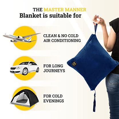 Travel Blanket Airplane Compact with Hoodie – 2in1 Airplane Travel Accessories from Plane Blanket to Travel Pillow with Luggage Strap, Soft Handle & Secure Pocket (Navy Blue, 62x41'') - color: Navy Blue, size: 62x41''