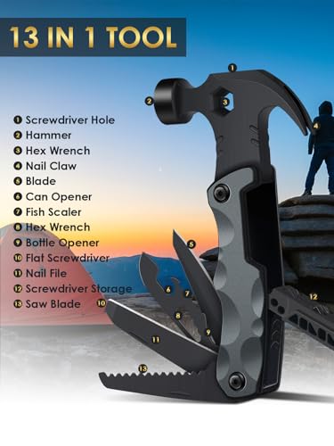 Fathers Day Dad Gifts from Daughter Son Wife, 13 in 1 Hammer Multitool, Cool Camping Accessories Survival Tools, Unique Birthday Present Ideas Gifts for Men, Husband, Grandpa, Step Dad, Him - style: MEN GIFTS