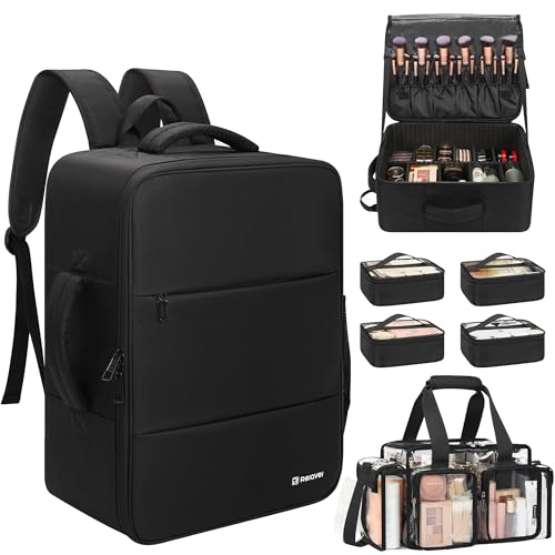 Relavel Makeup Backpack with Clear Makeup Bags, Extra Large Travel Train Case Makeup Artist Kit Set Bag with 4 Clear Bags, Storage Organizer Box with Dividers Cosmetic Hair Tools Barber Supplies - color: Black with clear makeup bags