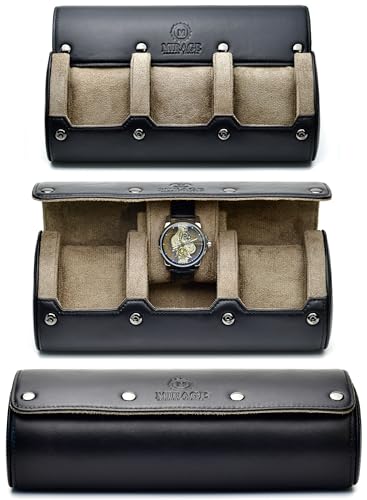 Watch Roll Travel Case Leather – 3 Slot Watch Holder Storage for Travel – Black Full Grain Cow Leather (Beige Interior) - color: Saffiano Real Leather/3 watches roll