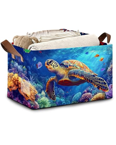 SeaTurtle Storage Basket with Handles,Ocean Coral Collapsible Rectangle Organizer Bin for Room Decoration Books Box Baskets 17x11.5x10Inch - color: SeaTurtle Ocean Coral