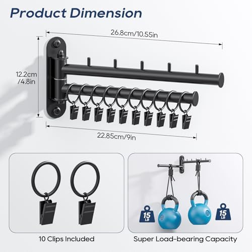 Wall Mounted Drying Rack, 2-Tier Laundry Drying Rack with Swing Arm, Space-Saving Foldable Laundry Clothes Hanger with 10 Clips for Laundry Room Closet Organizer Bathroom Bedroom - size: 1 Pack