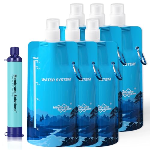Membrane Solutions Squeezable Water Filtration System, Survival Water Purifier Kit, Portable Backpacking Gear Including Water Filter Straw and 23oz Collapsible Bottle for Hiking Camping Travel(1+6) - style: Squeezable Filter Kit W/ 6 Pouch