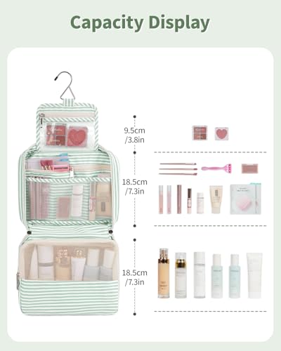 Narwey Small Hanging Travel Toiletry Bag for Women, Travel Bag for Toiletries, Makeup Bag Organizer Cosmetic Bags Make Up Bags for Girls - color: ZB-Mint Green Stripe