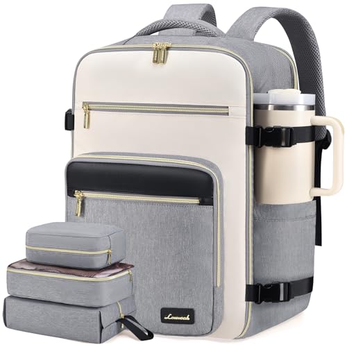 LOVEVOOK Travel Backpack For Women,50L Carry On Backpack Flight Approved,TSA Personal Item Travel Bag Fits 18 Inch Laptop,Business Weekender Overnight Daypack with Toiletry Bag and Cubes - color: Grey and White and Black, size: 18 Inch-50L-4Pcs