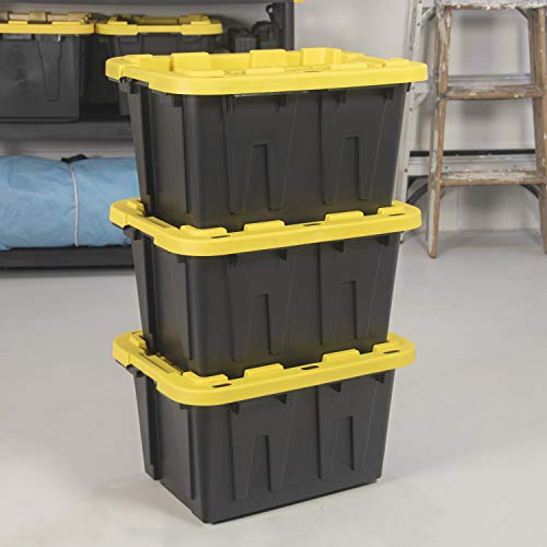 CX BLACK & YELLOW 12-Gallon Heavy Duty Storage Bins with Lids, Stackable Plastic Storage Bins, Dorm Room Essentials, Back to School, Classroom Organization, Home Organization, 4 Pack (12.51H x 16.3W x 21.8D) - size: 12 Gallon