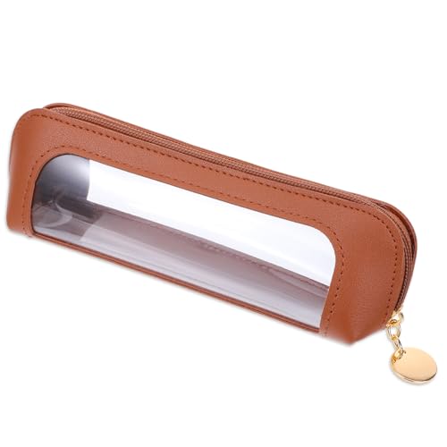 Small Clear Makeup Pouch, PU Leather Makeup Brush Bag Portable Travel Mini Cosmetic Bag Transparent Waterproof Organizer Pouch with Zipper for Women Home Travel Office Cosmetic Storage (Brown) - color: Brown