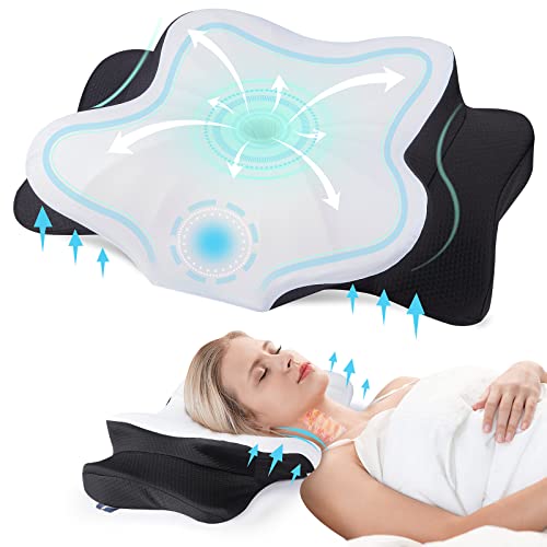 DONAMA Cervical Pillow for Neck and Shoulder Pain Relief, Cooling Contour Memory Foam Pillow, Dual-Height Ergonomic Neck Support Pillow for Side Back Stomach Sleepers with Removable Pillowcase - color: Black White, size: King Size