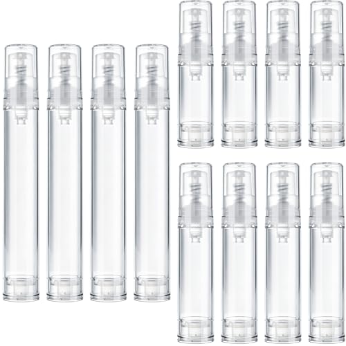 12pcs Airless Travel Pump Bottle, Empty Refillable Vacuum Pump Bottle, 5ml 10ml 15ml Plastic Press Lotion Travel Container for DIY Cosmetic Foundation Toiletries- Clear - color: Clear-12pcs-5,10,15ml