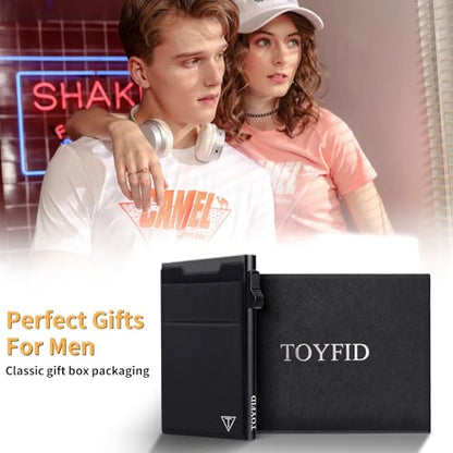 TOYFID Slim RFID Blocking Wallets,Pop Up Minimalist Card Holder for Men & Women Metal Thin Front Pocket Wallet Credit Card Holder with Elastic Coin Pocket,6-12 Card Capacity,Black - color: A,black