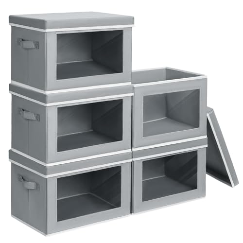 Homsorout Large Storage Bins with Lids - Stackable Cube Bins for Closet, 5 Pack Clear Windows Fabric Organizer Bins, Home Organizers and Storage for Clothes, CD, Towels, Grey - color: Grey, size: XL(5-Pack)