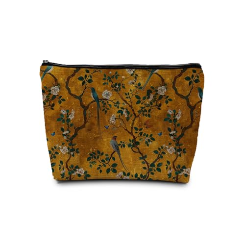Golden Chinoiserie Floral Bird Makeup Cosmetic Bag for Women, Vintage Yellow Gold Flower Botanical Aesthetic Portable Travel Toiletry Bag Zipper Makeup Pouch - color: Retro flowers