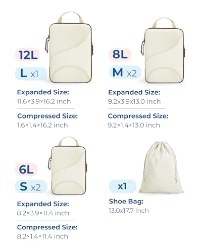 BAGSMART Compression Packing Cubes - 6 Set Travel Packing Cubes for Suitcases, Compression Suitcase Organizers with Shoe Bag - color: 05-White Opal