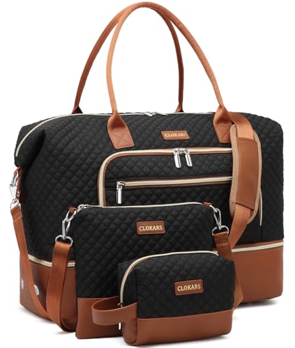 Weekender Bags for Women, Travel Duffle Bag Carry On Overnight Bag with Cosmetics Bag and Crossbody Purse for Gym Hospital, Gifts for Women, Black Brown - color: Black Brown-2, size: Medium