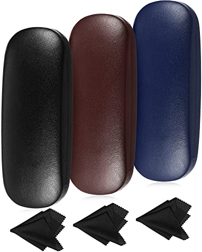 Frienda 3 Pieces Hard Shell Glasses Case Eyeglass Case Protective Sunglass Holder with Cleaning Cloth for Men Women Unisex - color: Blue, Brown, Black