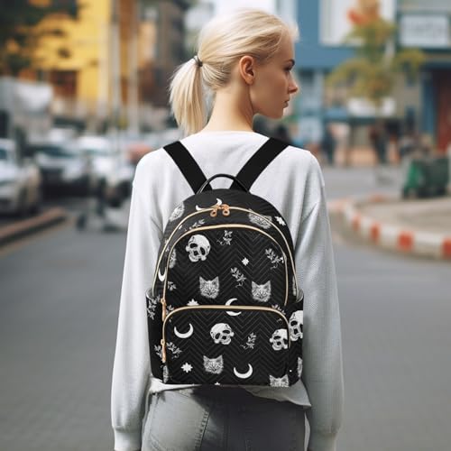 Women Fashion Backpack Purse Casual Lightweight Travel Shoulder Bag Skull Cat Moon Gothic Pattern Rucksack Ladies Bag, Small - color: Skull Cat Moon Gothic Pattern, size: Small