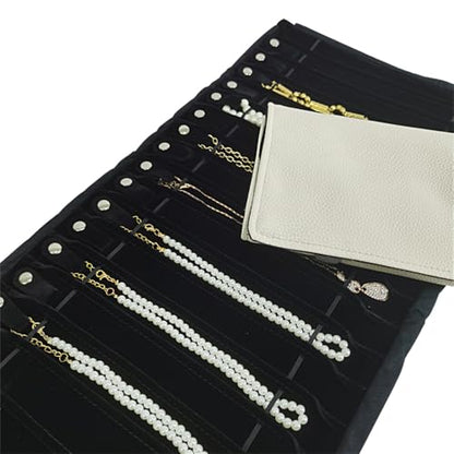 Portable Jewelry Roll Untangled Secure Necklace Travel Storage Bag Displays Holder 16 Chain (Gray PU and Black Velvet) - color: Gray PU and Black Velvet