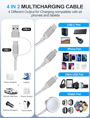 Travel Essentials,Multi Charging Cable for Apple Watch Charger/iPhone Charger/Samsung Charger,USB A & Type C Power Cable for iWatch Ultra/10-2/iPhone 17-11/Samsung S26,Serial Cables,Car[1.2M]-Purple - color: 1-Purple, size: 1.2M