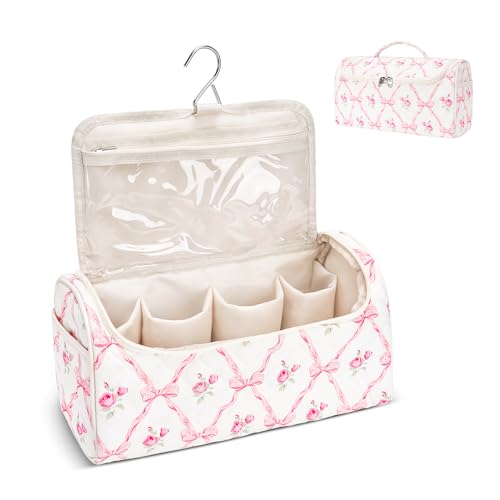 Quilted Hair Tools Travel Bag, Cute Portable Organizer Case with Hanging Hook, Compatible with Dyson Airwrap Styler,Hair Curler Accessories - color: Pink Bow