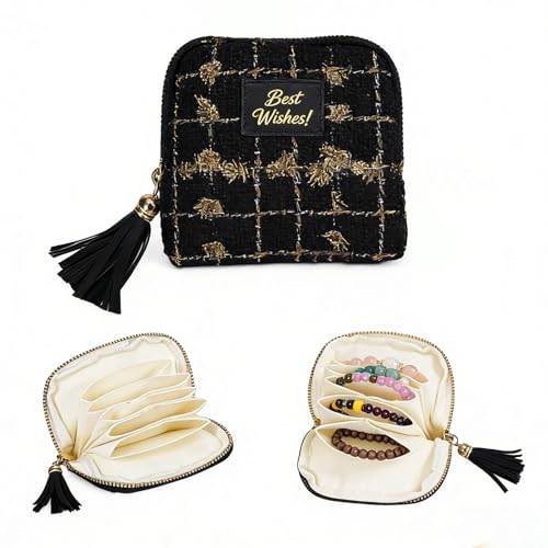 Travel Jewelry Case Small with Tassel Zipper, Soft Velvet Travel Jewelry Organizer Pouch for Necklaces, Rings and Earrings, Portable Multi Layer Jewelry Bags, Anti Tangle Storage (black) - color: black