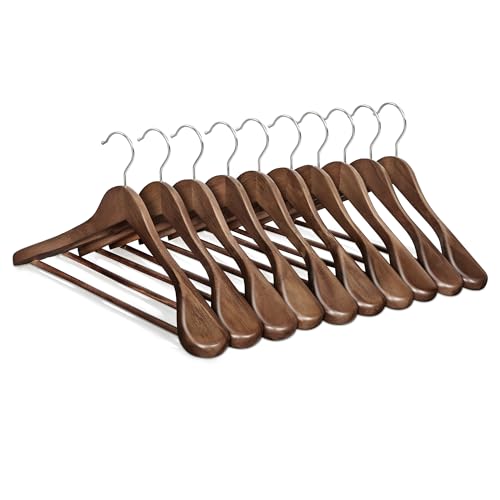 SONGMICS Extra Wide Wooden Suit Hangers, Set of 10 Clothes Hangers, Swivel Hooks, Non-Slip Bars, for Outfits, Suits, Coats, Shirts, Dresses, Walnut Color UCRW050KZ01 - color: Walnut Color