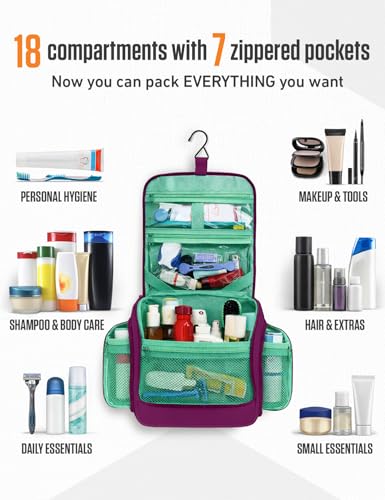VENTURE 4TH Hanging Travel Toiletry Bag for Women & Men – Large Toiletry Organizer with 18 Compartments, Removable TSA Pouch, Travel Wash Bag for Toiletries, Makeup & Shaving Kit (Purple/Mint) - color: Purple/Mint