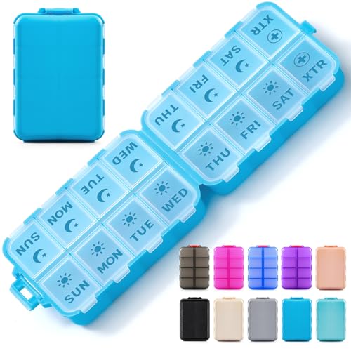 Foldable & Portable Pill Organizer 2 Times A Day with Extra Compartments - Etched Labels - Weekly 7 Day AM PM Medicine Box, Week Daily Travel Pill Case Holder Dispenser for Vitamin, Supplement - Blue - color: Blue, size: AM & PM & EXTRA