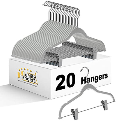 Quality Plastic 20-Pack Non Velvet Non-Flocked Thin Compact Coat Hangers with Metal Clips for Skirts Pants Blouses 360° Swivel Hook (Gray, 20) - color: Gray