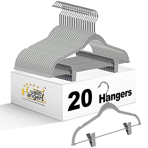 Quality Plastic 20-Pack Non Velvet Non-Flocked Thin Compact Coat Hangers with Metal Clips for Skirts Pants Blouses 360° Swivel Hook (Gray, 20) - color: Gray